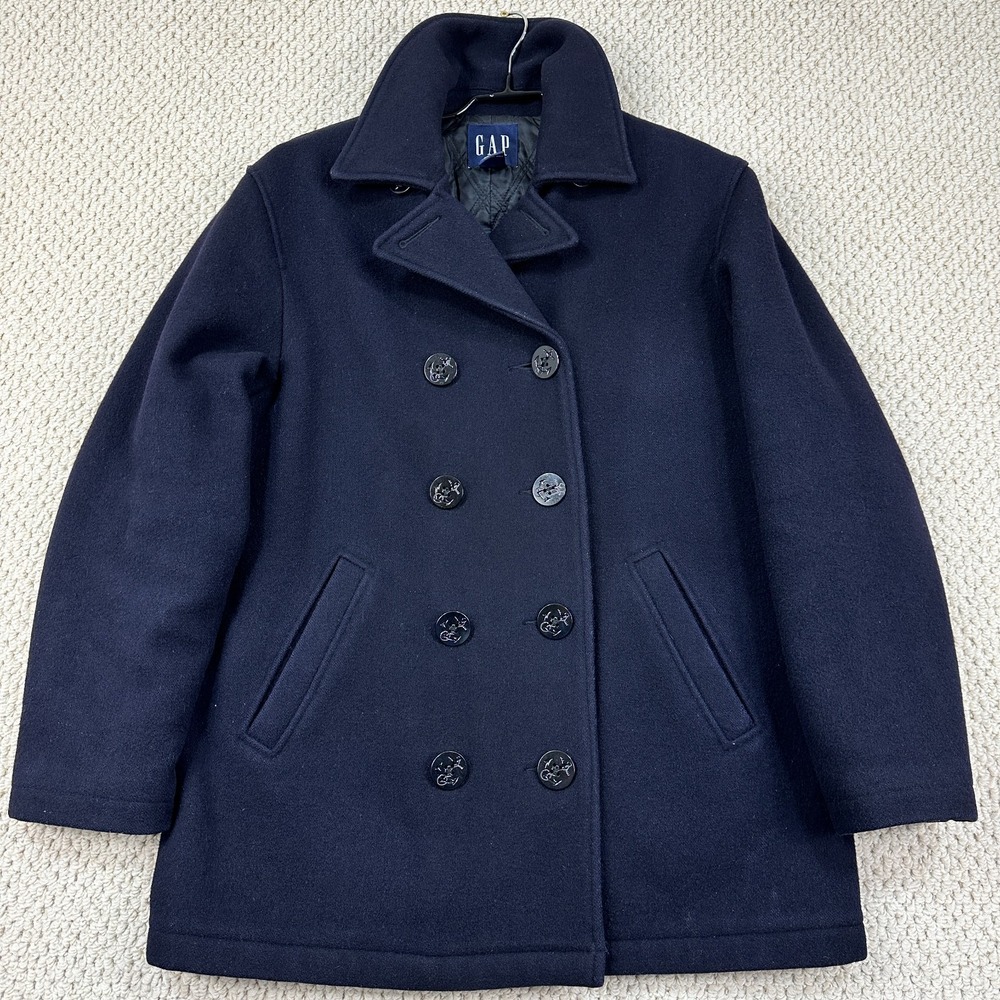 Vtg GAP Peacoat Mens Small Navy Anchor Buttons Double Breasted Wool Blend Coat